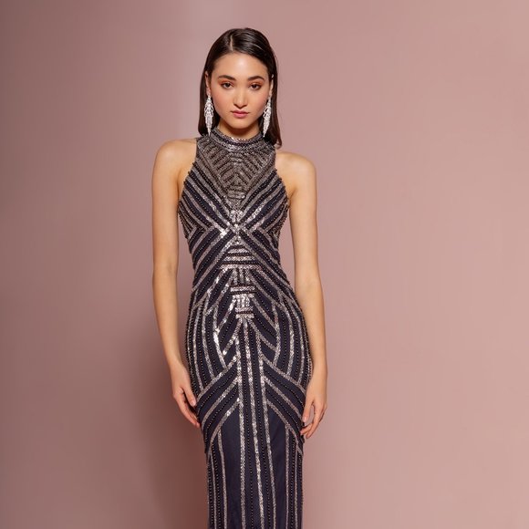 GLS Collective Dresses & Skirts - NEW LONG CHARCOAL SLEEVELESS SHEATH ZIPPER DRESS EMBROIDERED WITH BEADS GL2677